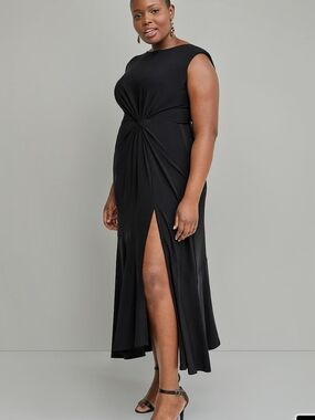 Lane Bryant Black Midi Dress with Twist Front and High Slit